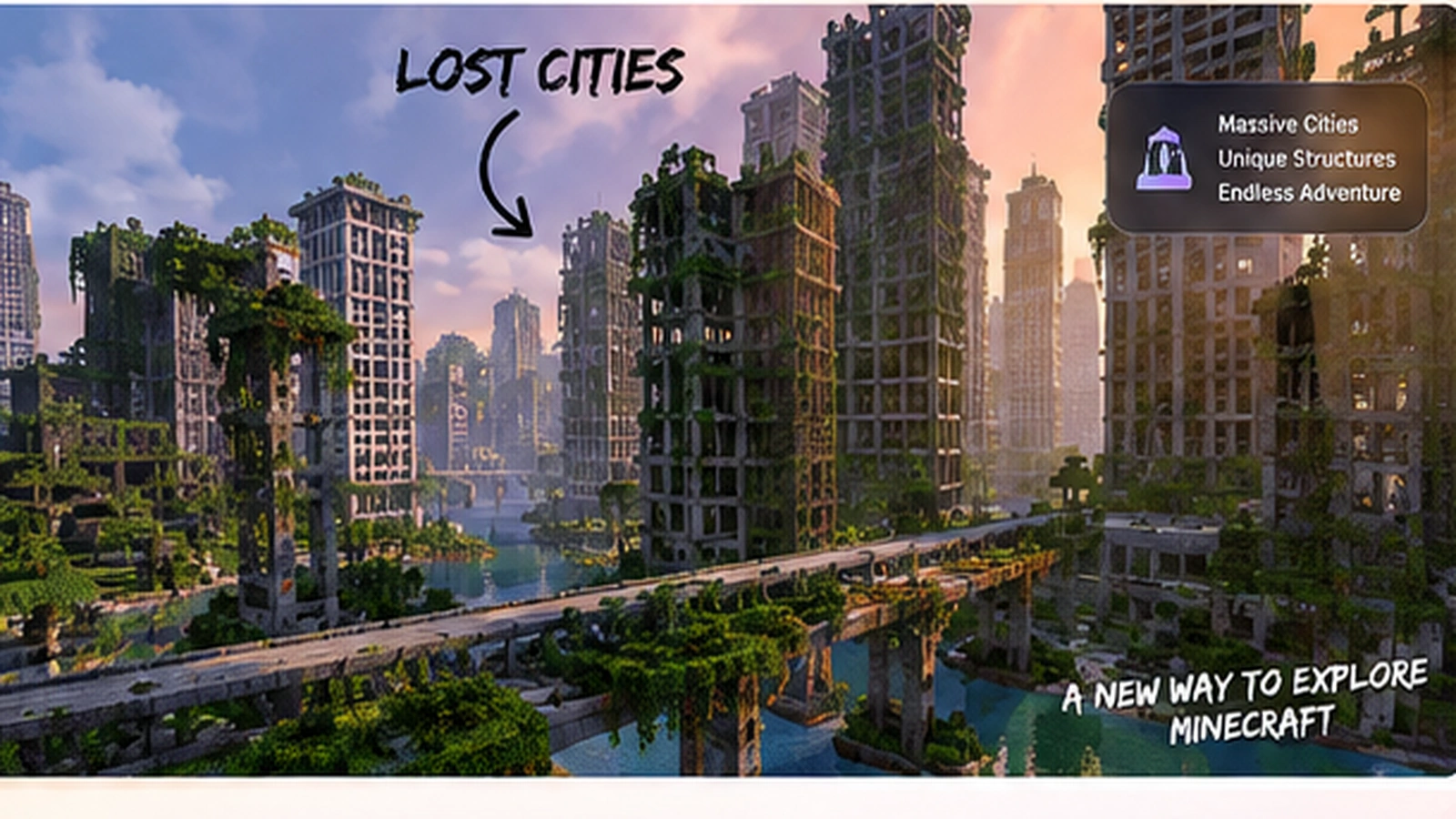 Overgrown abandoned Minecraft-style city generated for Lost Cities Mod